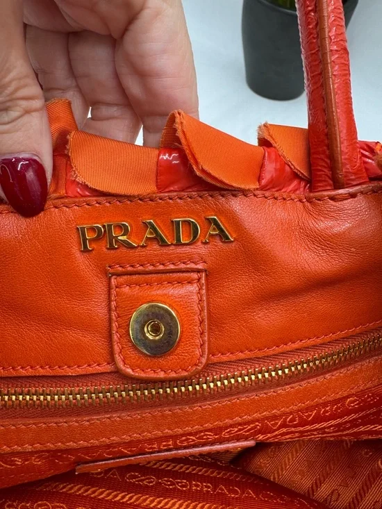Prada Rare Arancio Orange Tessuto Ruffle Tote Bag BN1728 Vernice Patent Leather - Picture 6 of 14